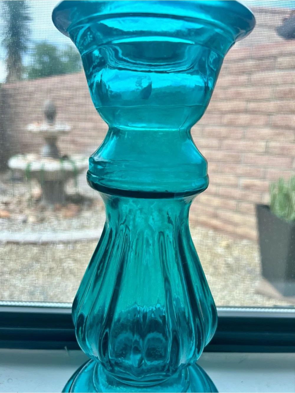 San Miguel Large Teal Blown Glass Pillar Candle Holder 12”